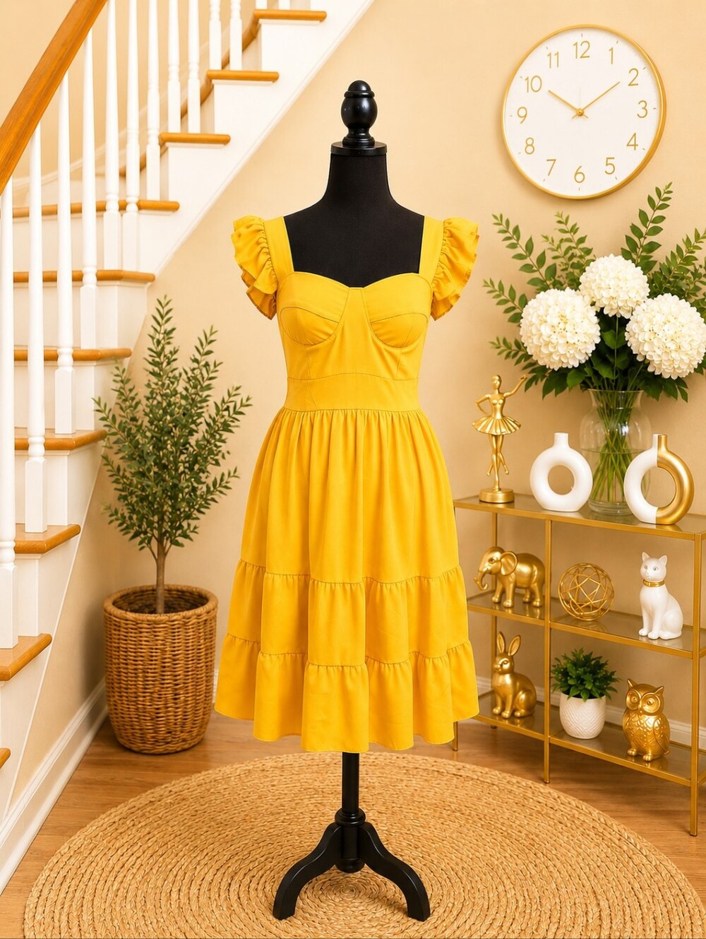 Sunshine Yellow Mustard Ruffle Sleeve Romper Dress